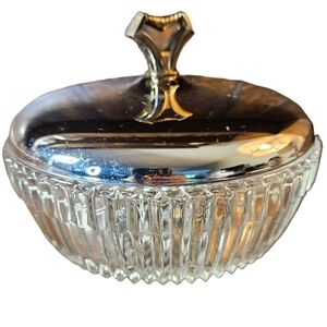 Vintage Mid century pressed glass dish with metal lid.